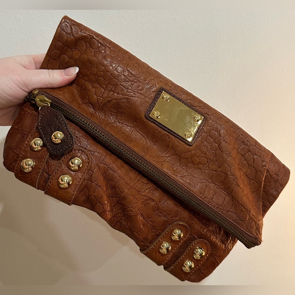 LINEA PELLE Brown Leather Fold Over Zipper Gold Hardware Clutch
